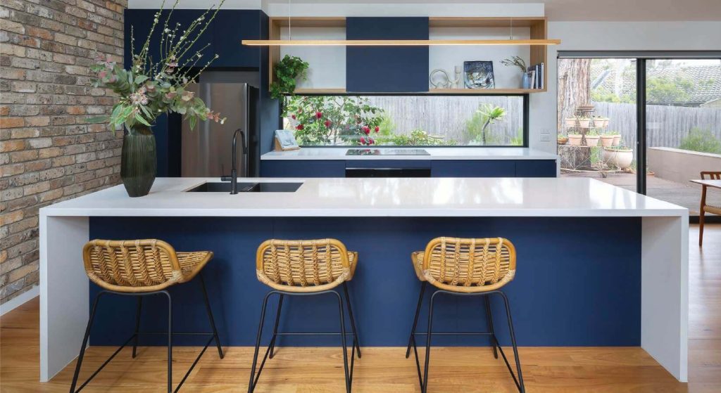 create contrast with white countertops navy kitchen