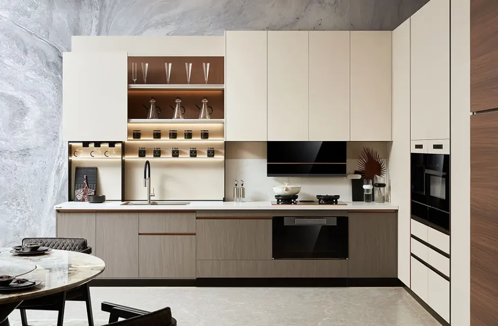 modern warm beige and wood l shaped kitchen cabinets PLCC23033